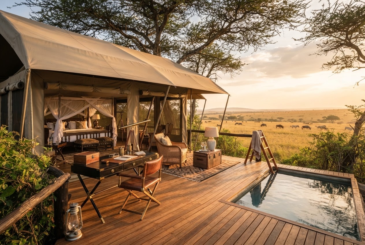 &Beyond Bateleur Camp classic 1920s safari tent with plunge pool in the Maasai Mara