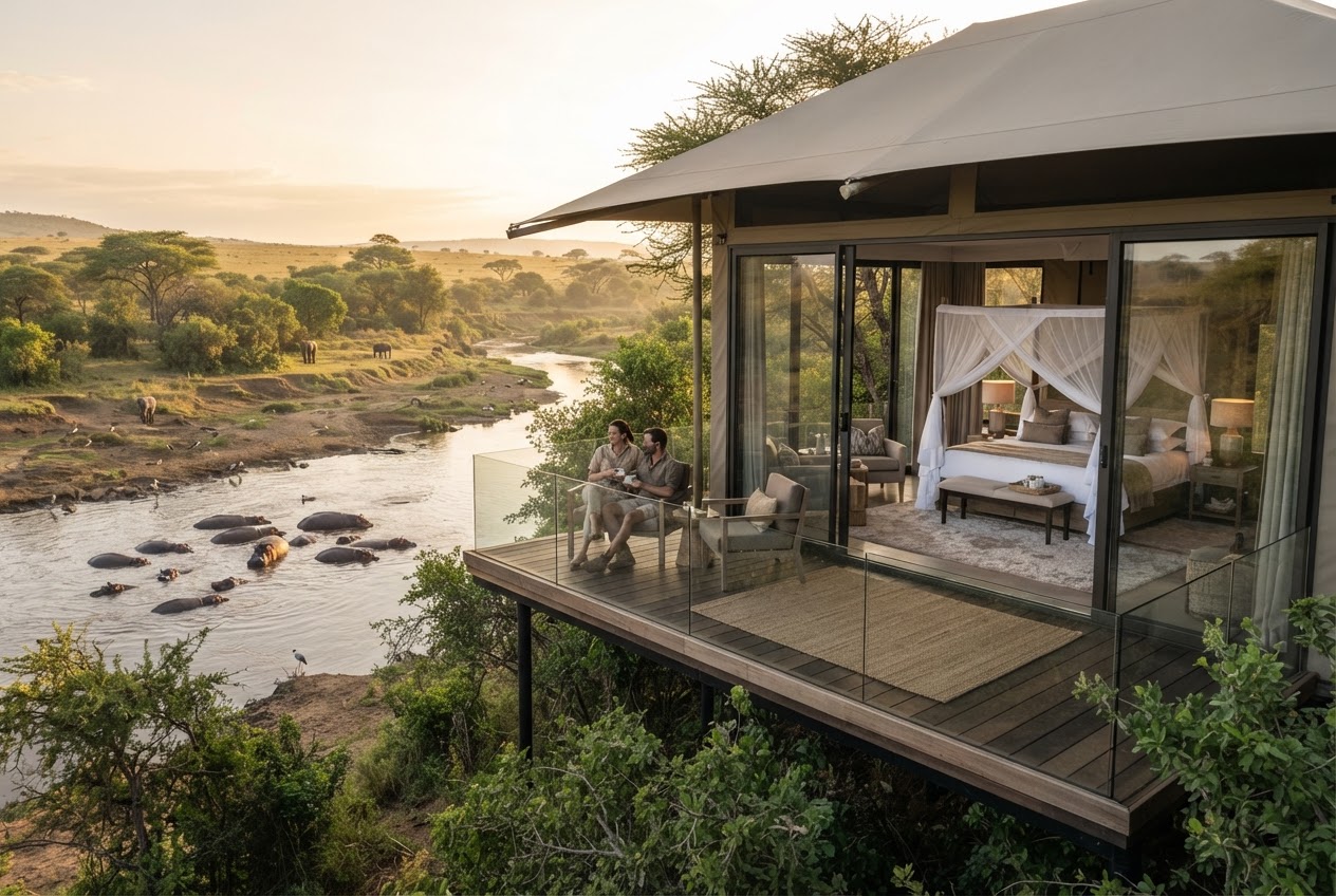 Illustrative riverside safari accommodation in the Maasai Mara