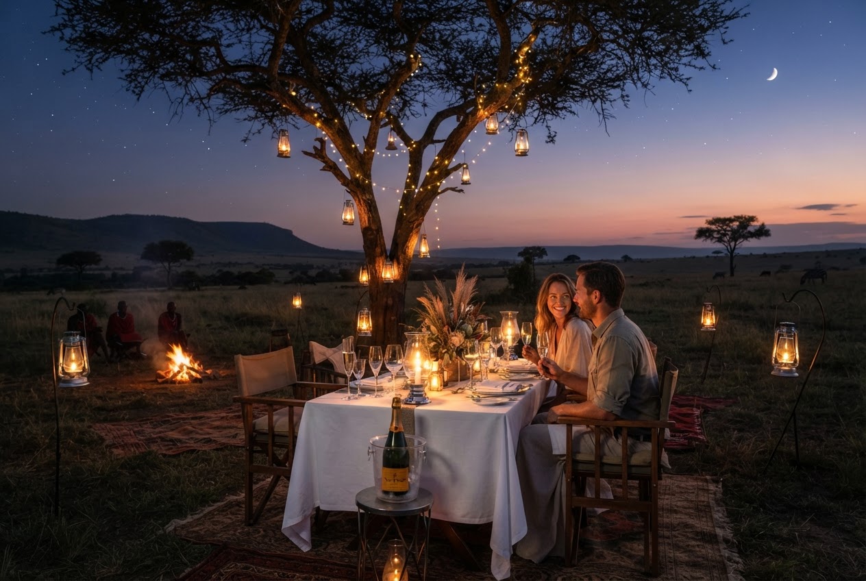 Illustrative candlelit safari dinner under an African evening sky