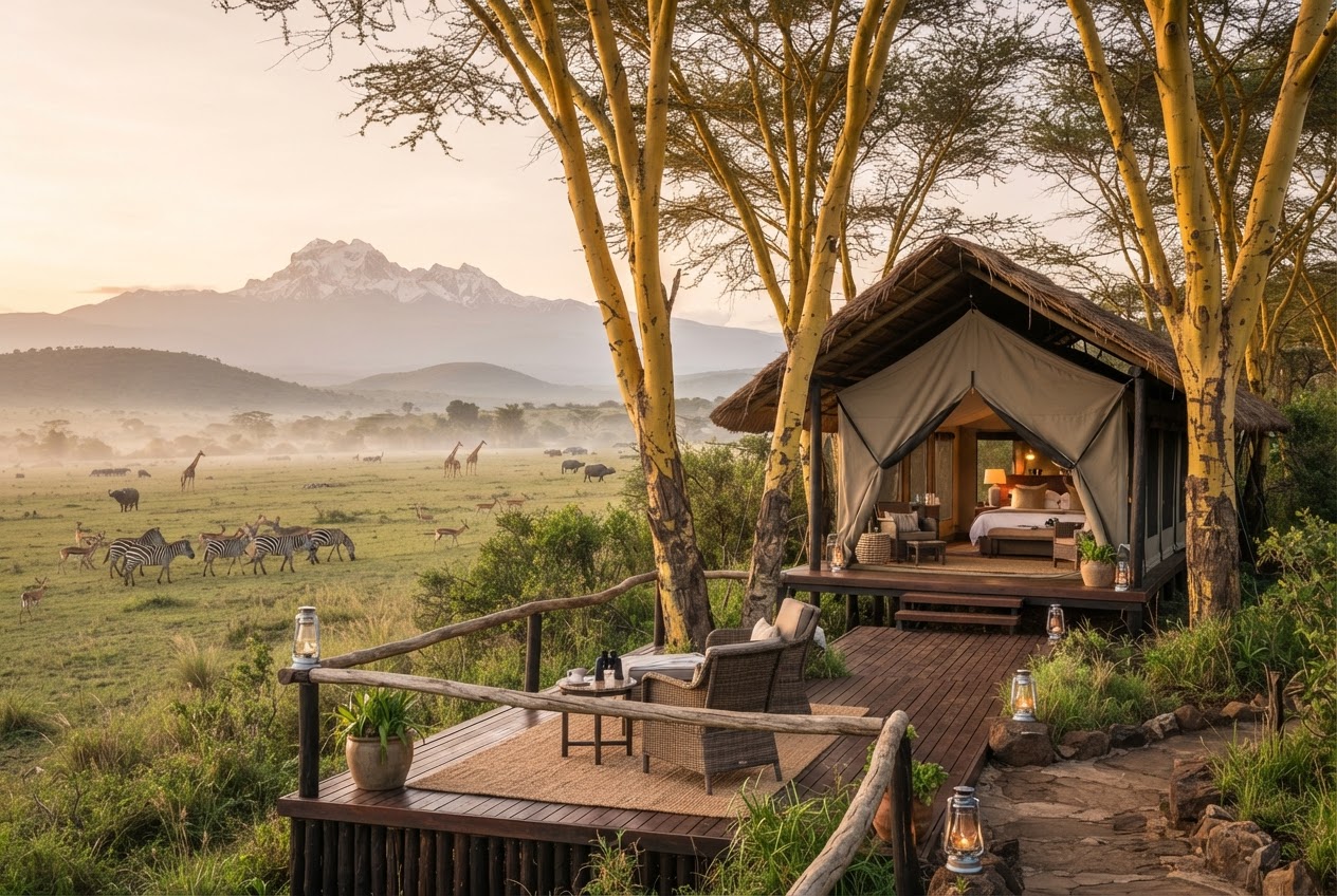 Tambarare luxury tented camp among fever trees at Ol Pejeta Conservancy below Mount Kenya