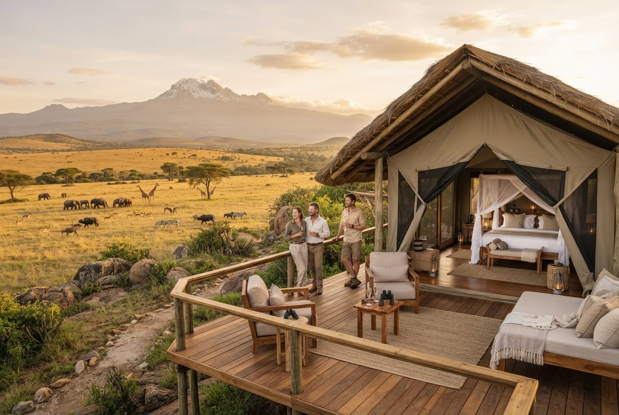 Sirikoi tented cottage overlooking the Lewa plains with Mount Kenya beyond