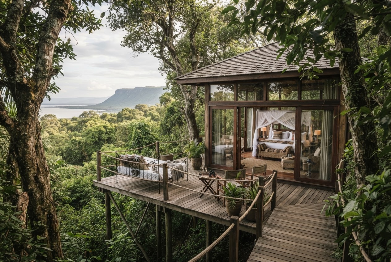 Lake Manyara Tree Lodge stilted suite among the mahogany canopy