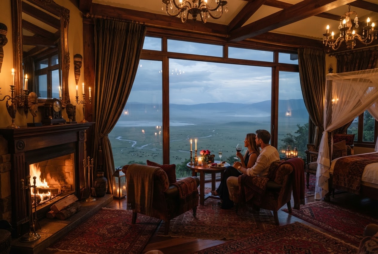 Ngorongoro Crater Lodge opulent suite with fireplace overlooking the crater