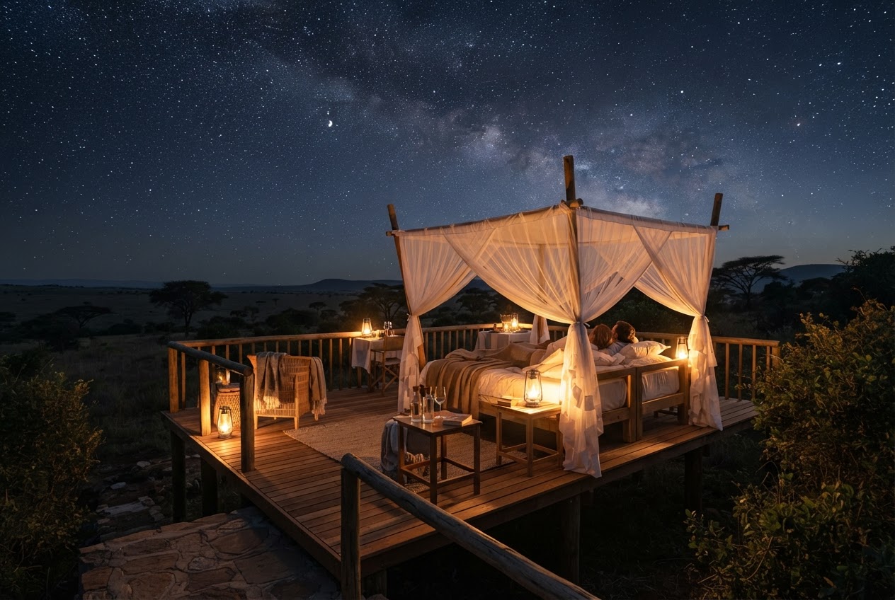 Open-air star-bed sleepout platform under a starry sky in Laikipia